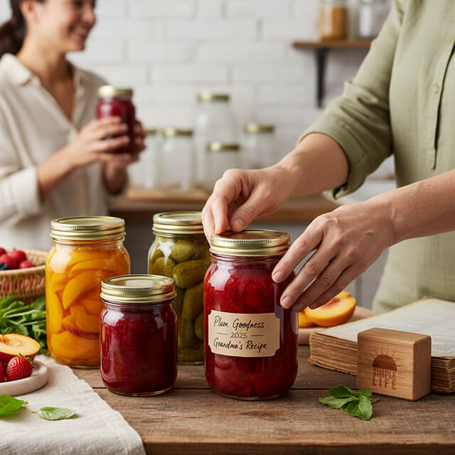 Two women preserving food with jars of preserves, pickles, and fresh ingredients